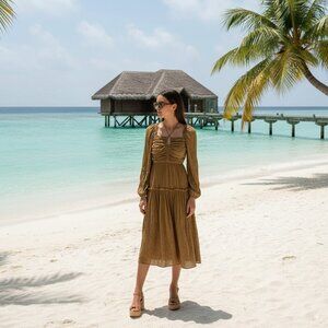 Moon River Cut Out Ruched Midi Dress in Olive Size Small NWT